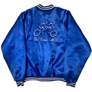80s/90s ‘satin’ Auburn varsity jacket w/ chic, custom stitched cycling graphic.